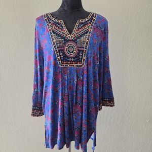 Soft Surroundings Tamuri Tunic Blue Paisley Floral Embroidered Boho Size XL